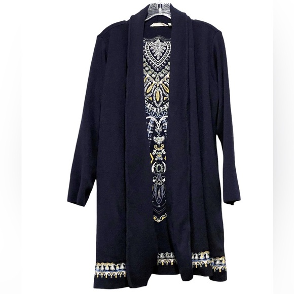 Soft Surroundings Navy Embroidered Sweater Cardigan Coat Size PM - Picture 2 of 6